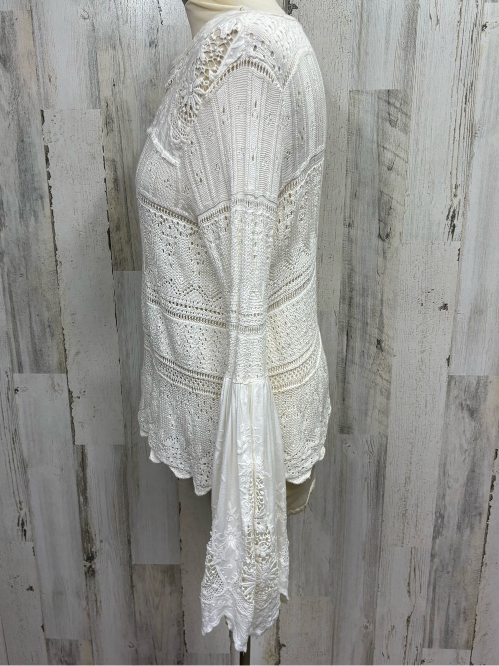Free People Once Upon a Time Ivory Lace Crochet Bell Sleeve Top - Picture 7 of 14